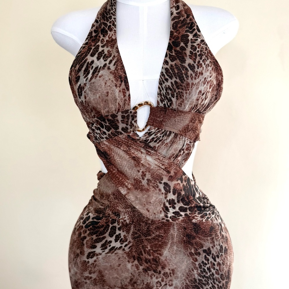 Animal Print Halter Dress with Cutout